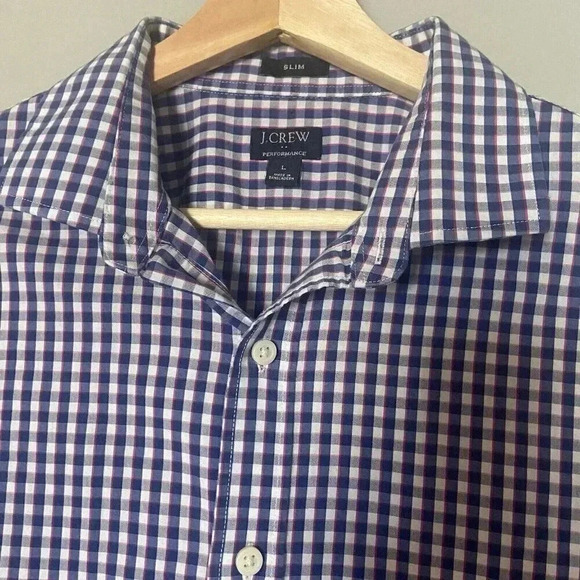J. Crew Performance Slim Button Down Shirt Blue Red Gingham Cotton Men’s Size L - Picture 2 of 10